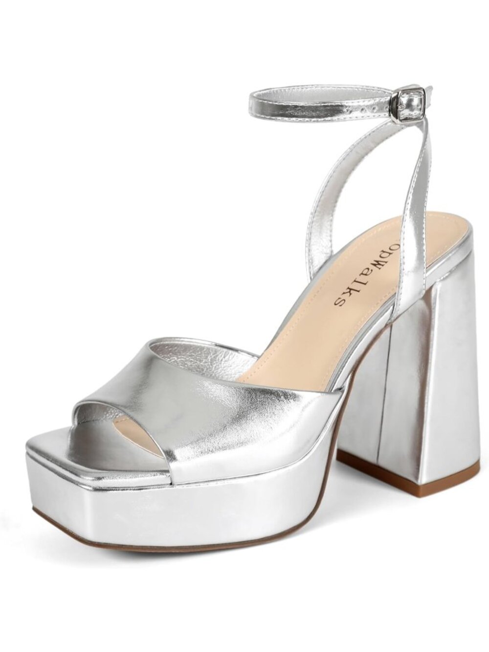 Women's Silver Chunky Heel Platform Sandals Open Toe Ankle Strap Party Shoes